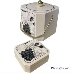 Vintage Mid Century Laquer Ware Ice Bucket and Coasters. Black and white floral.